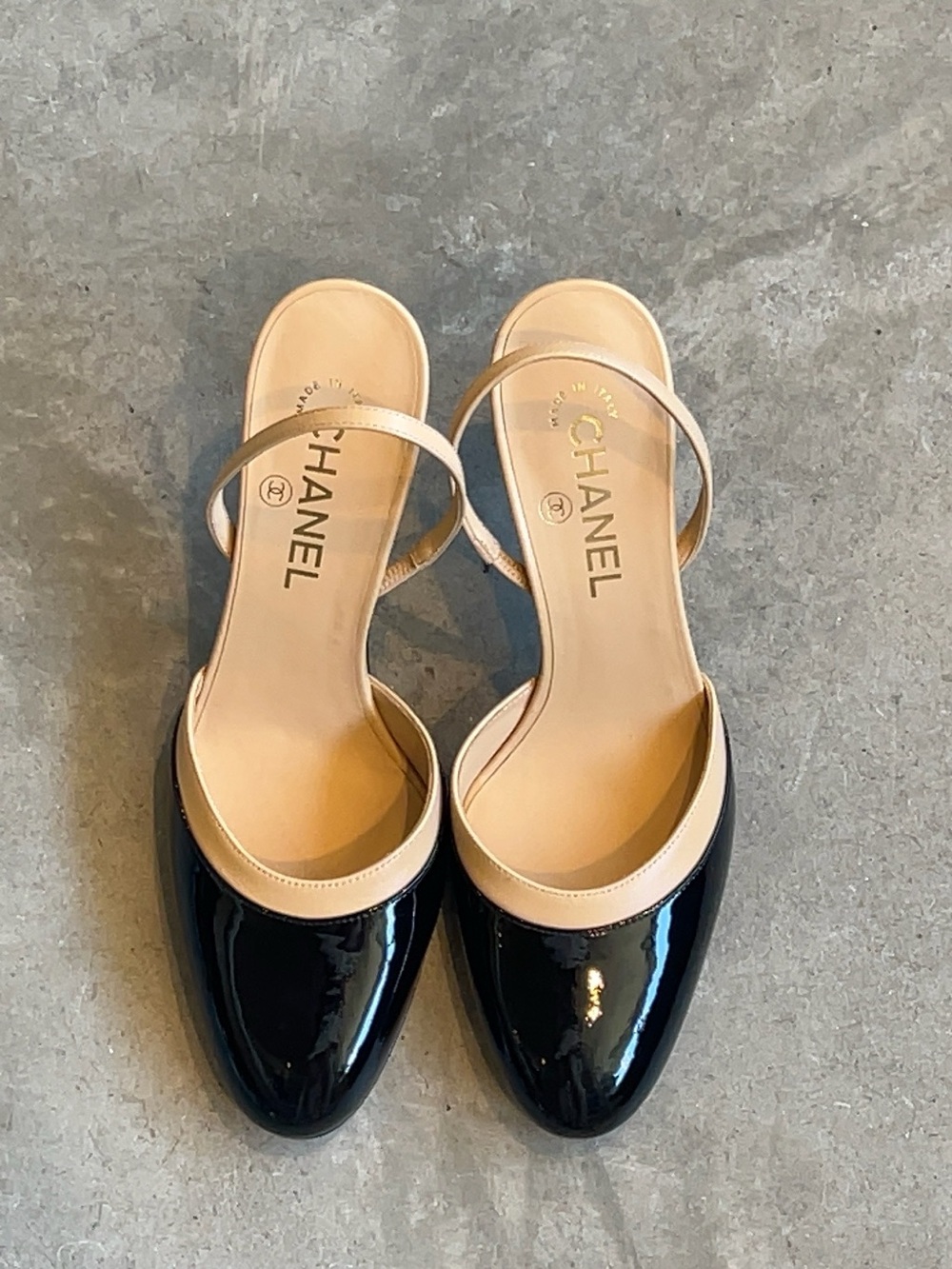 CHANEL Black Patent Leather Slingback Mules with Nude Trim - sold out at Chanel!